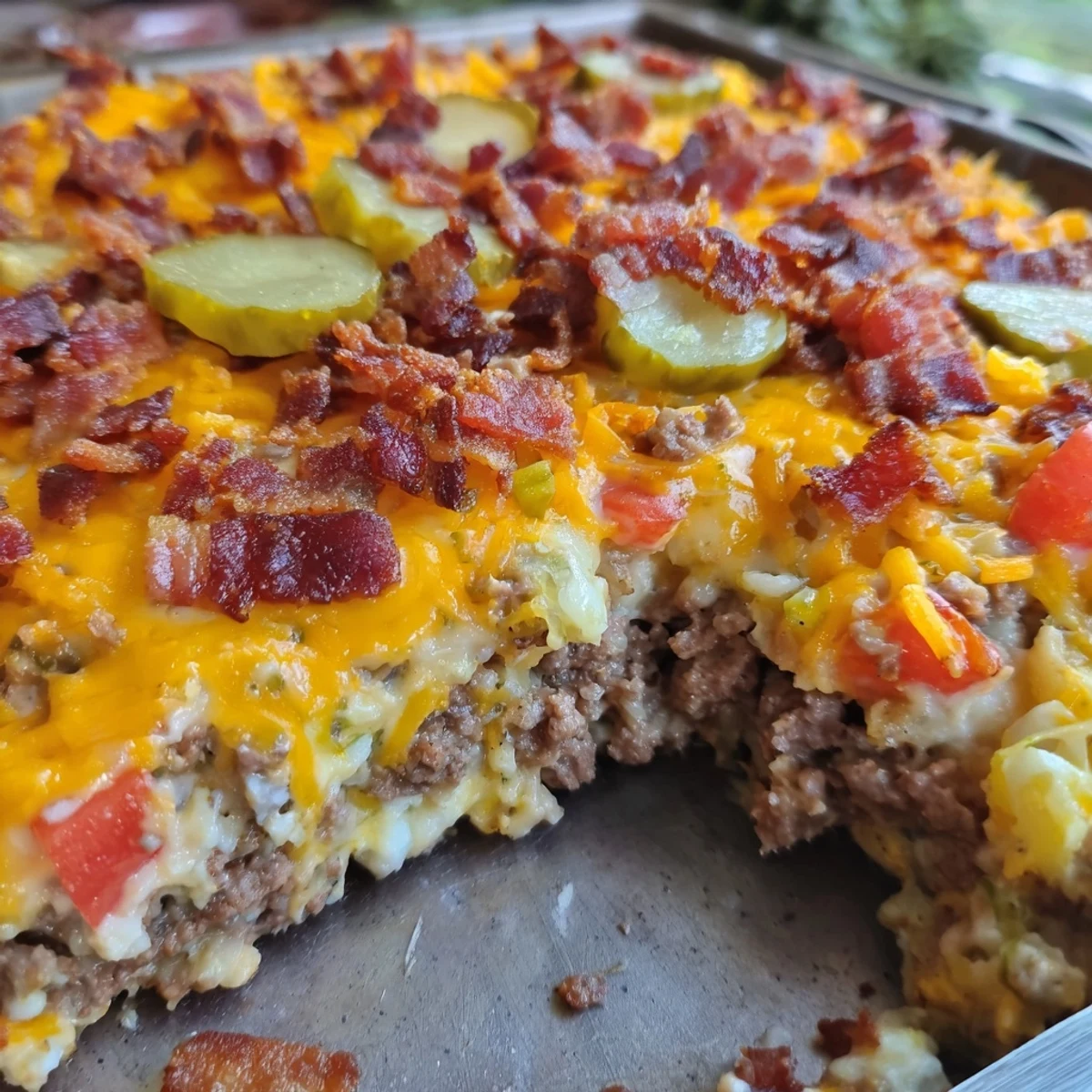 Golden melted cheddar and crisp bacon top a bubbling Low Carb Bacon Cheeseburger Casserole served fresh from the oven.