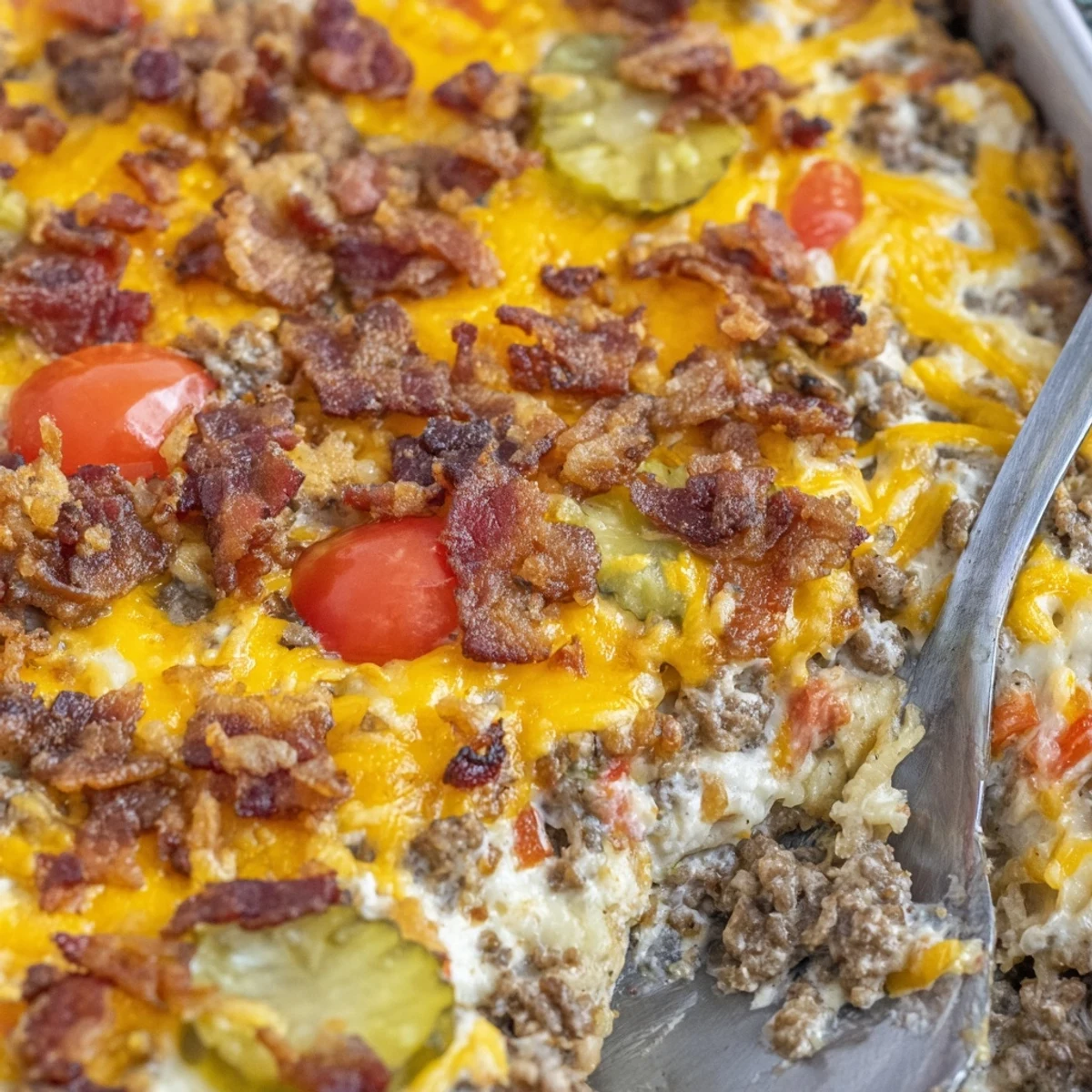 A close-up shows layers of seasoned ground beef and pickles in this hearty Low Carb Bacon Cheeseburger Casserole.