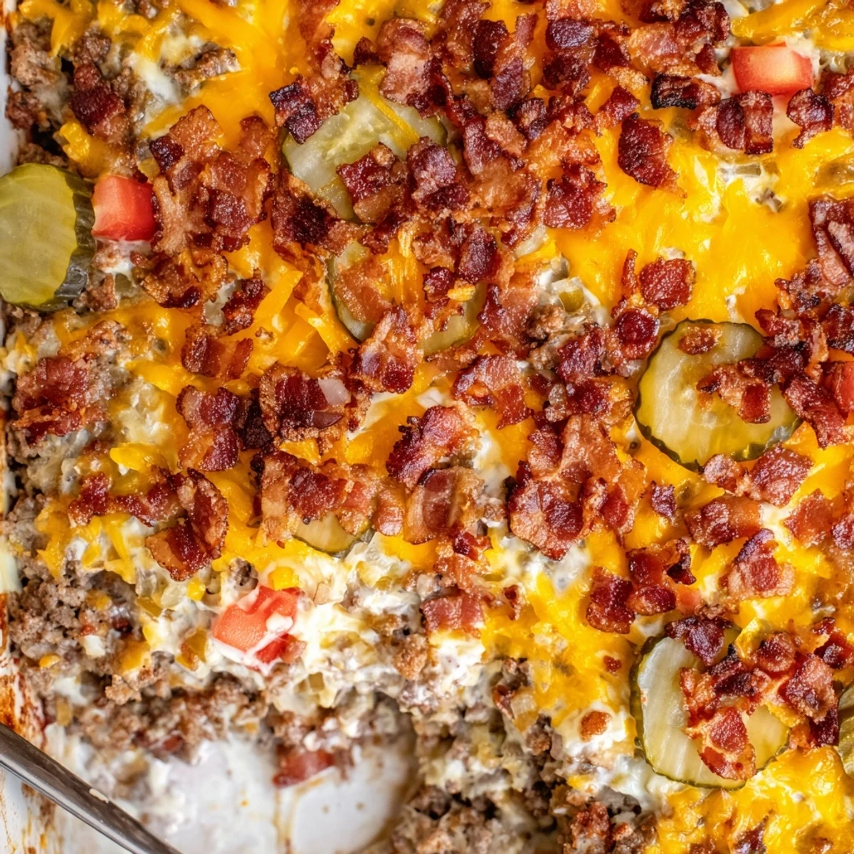 Low Carb Bacon Cheeseburger Casserole plated with a fresh side salad for a complete keto-friendly family dinner.