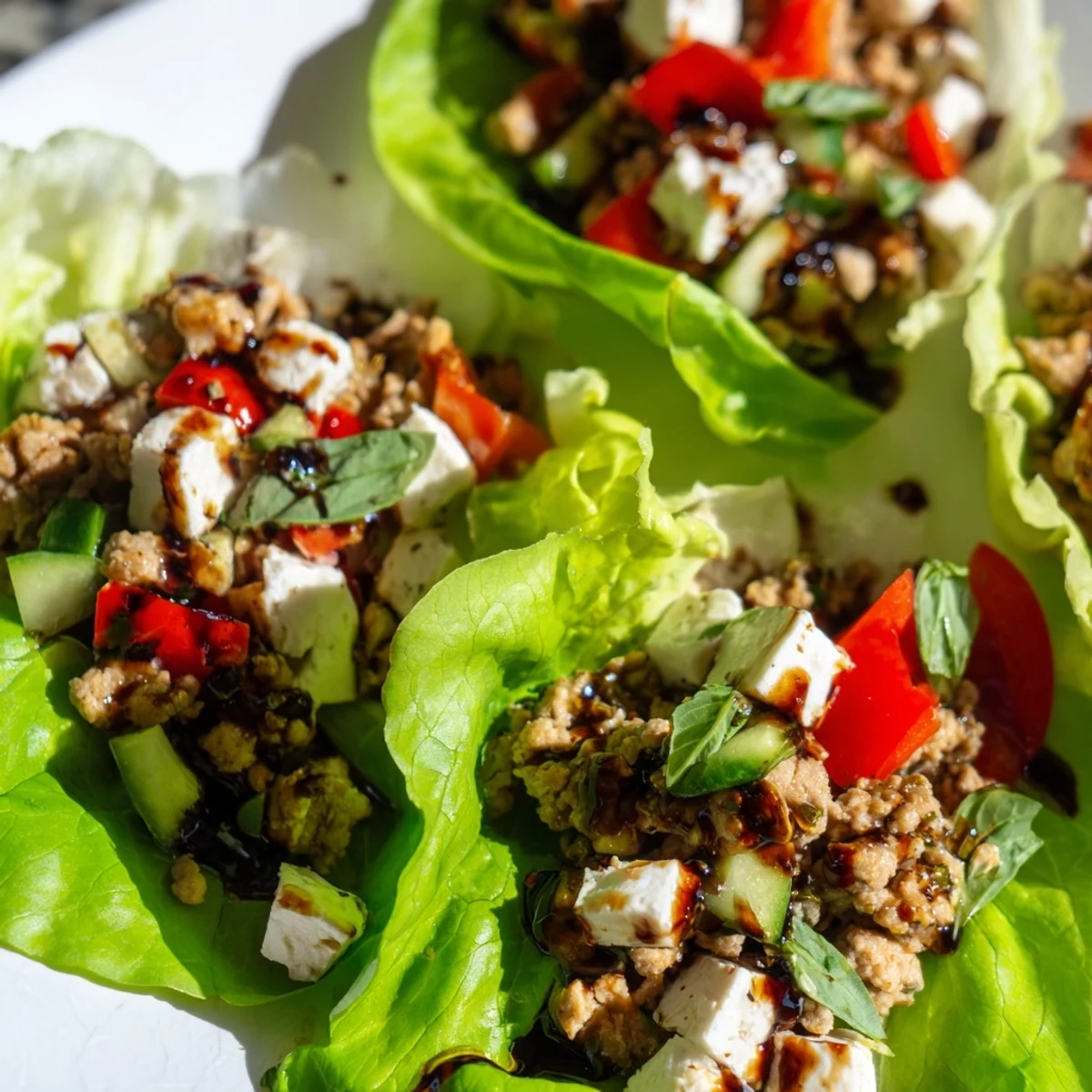 Freshly prepared Italian Lettuce Wraps filled with seasoned turkey, diced tomatoes, and mozzarella on crisp lettuce leaves.