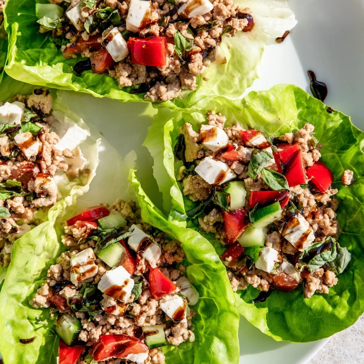 Italian Lettuce Wraps served on a platter with a balsamic drizzle and fresh basil garnish.