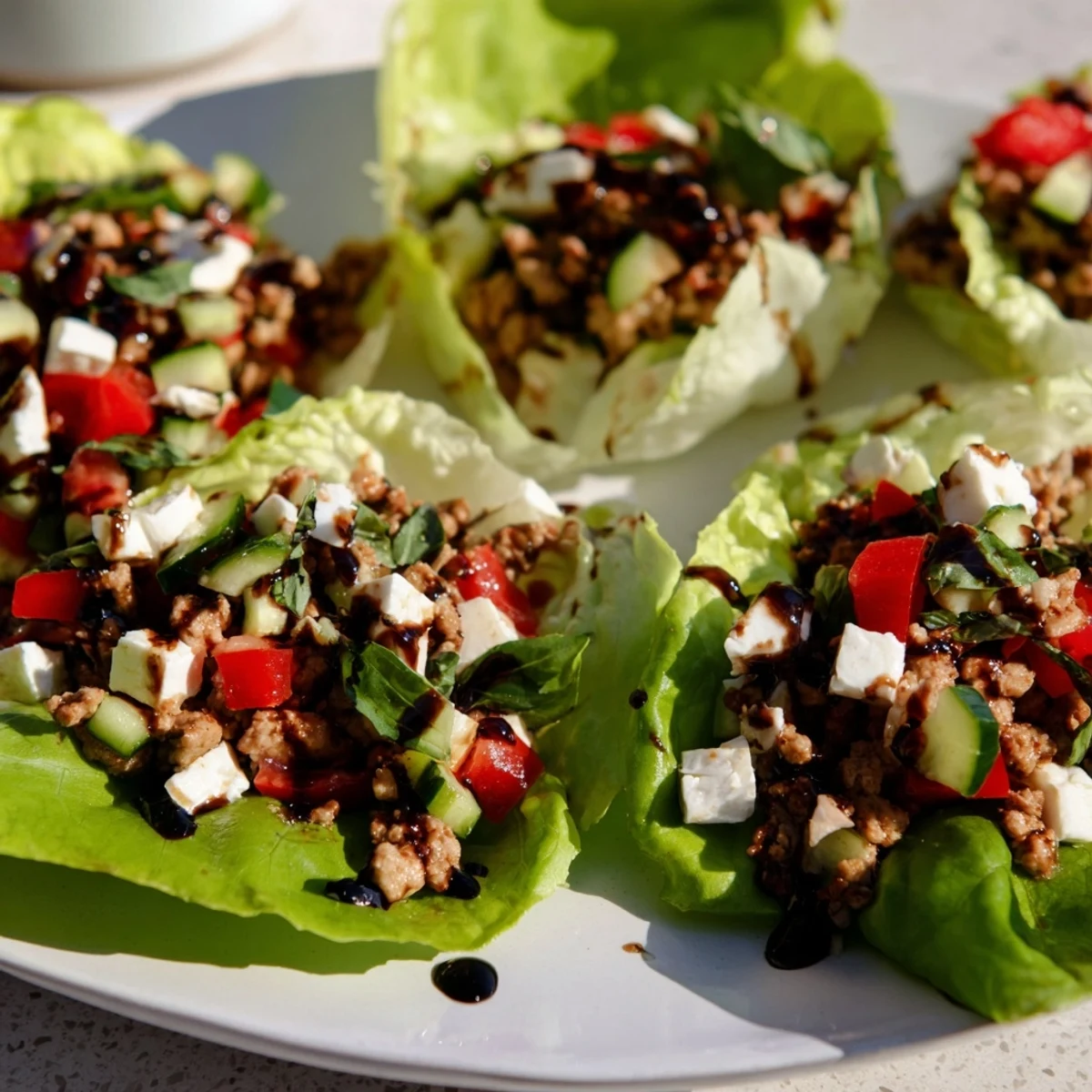 Colorful Italian Lettuce Wraps stuffed with ground turkey, cucumber, red pepper, and creamy mozzarella cheese.