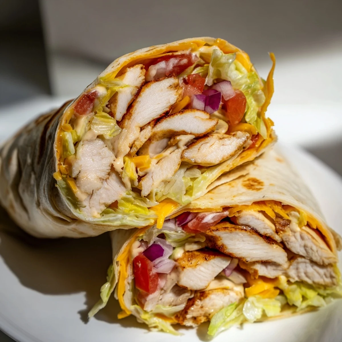 Soft flour tortilla holding Cheesy Garlic Chicken Wraps with melted cheddar and diced tomato.