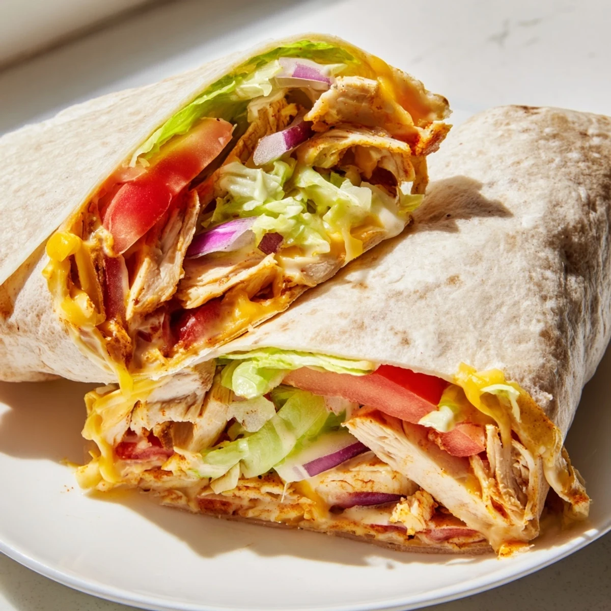 Close-up of Cheesy Garlic Chicken Wraps cut in half, showing garlic chicken and creamy sauce.