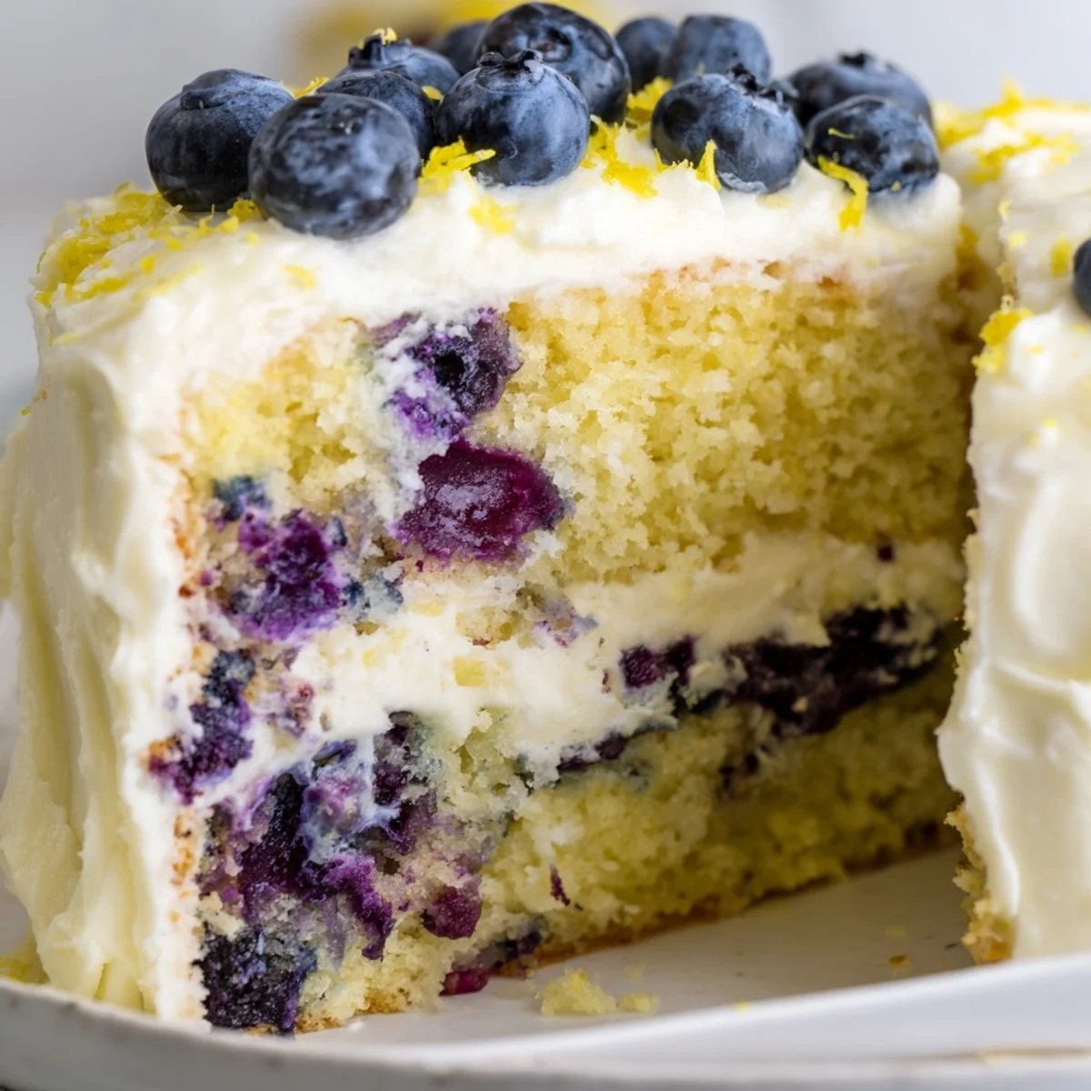 Moist lemon blueberry cake layers with cream cheese frosting and fresh blueberry garnish.