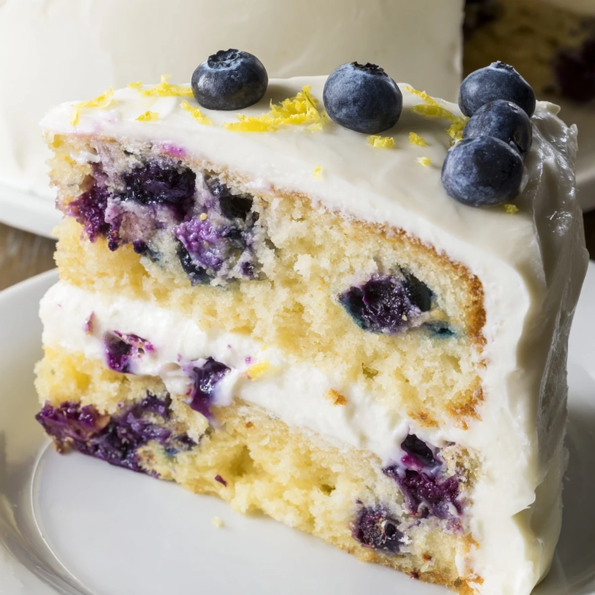 Lemon blueberry cake topped with creamy frosting and zest, served with iced tea.