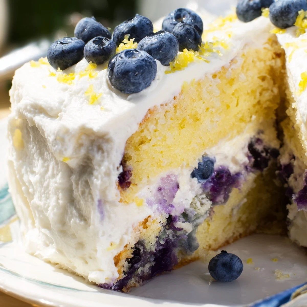 Slice of lemon blueberry cake on a white plate, ideal for summer gatherings.