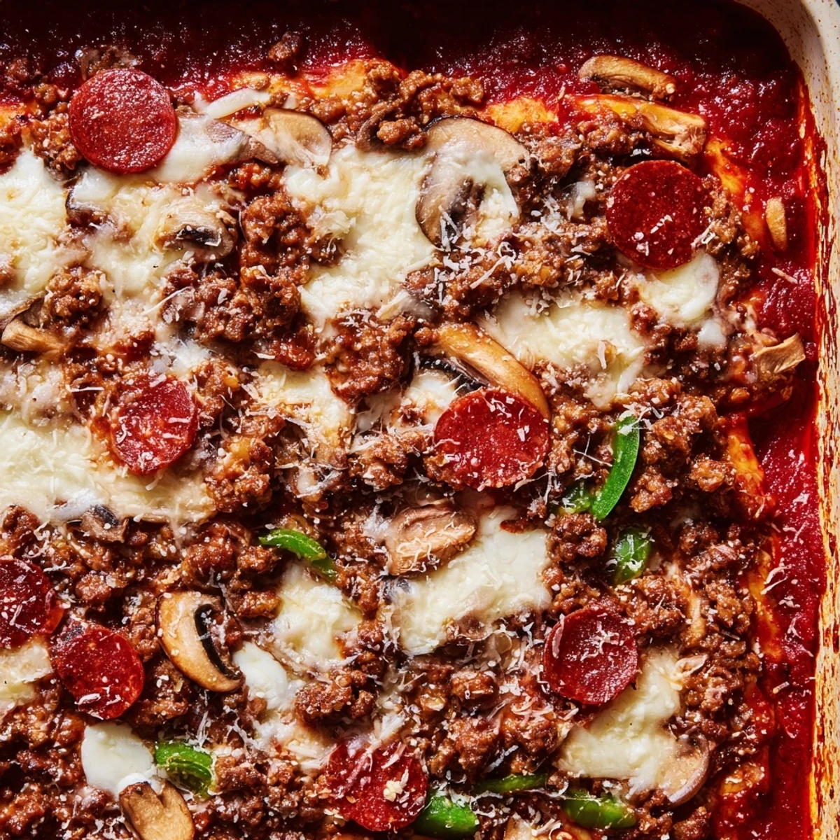 A close-up of Easy Low Carb Keto Crustless Pizza Casserole with pepperoni slices and fresh herbs garnish.