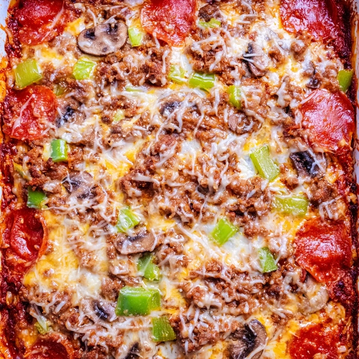 Golden, bubbly mozzarella and cheddar cheese cover the Easy Low Carb Keto Crustless Pizza Casserole in a white baking dish.