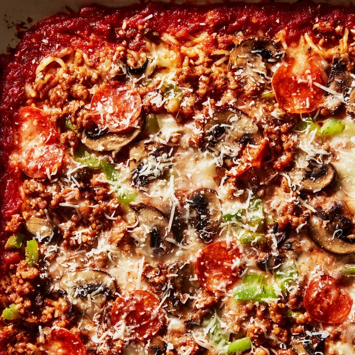 Easy Low Carb Keto Crustless Pizza Casserole served in a bowl alongside a crisp green salad for dinner.