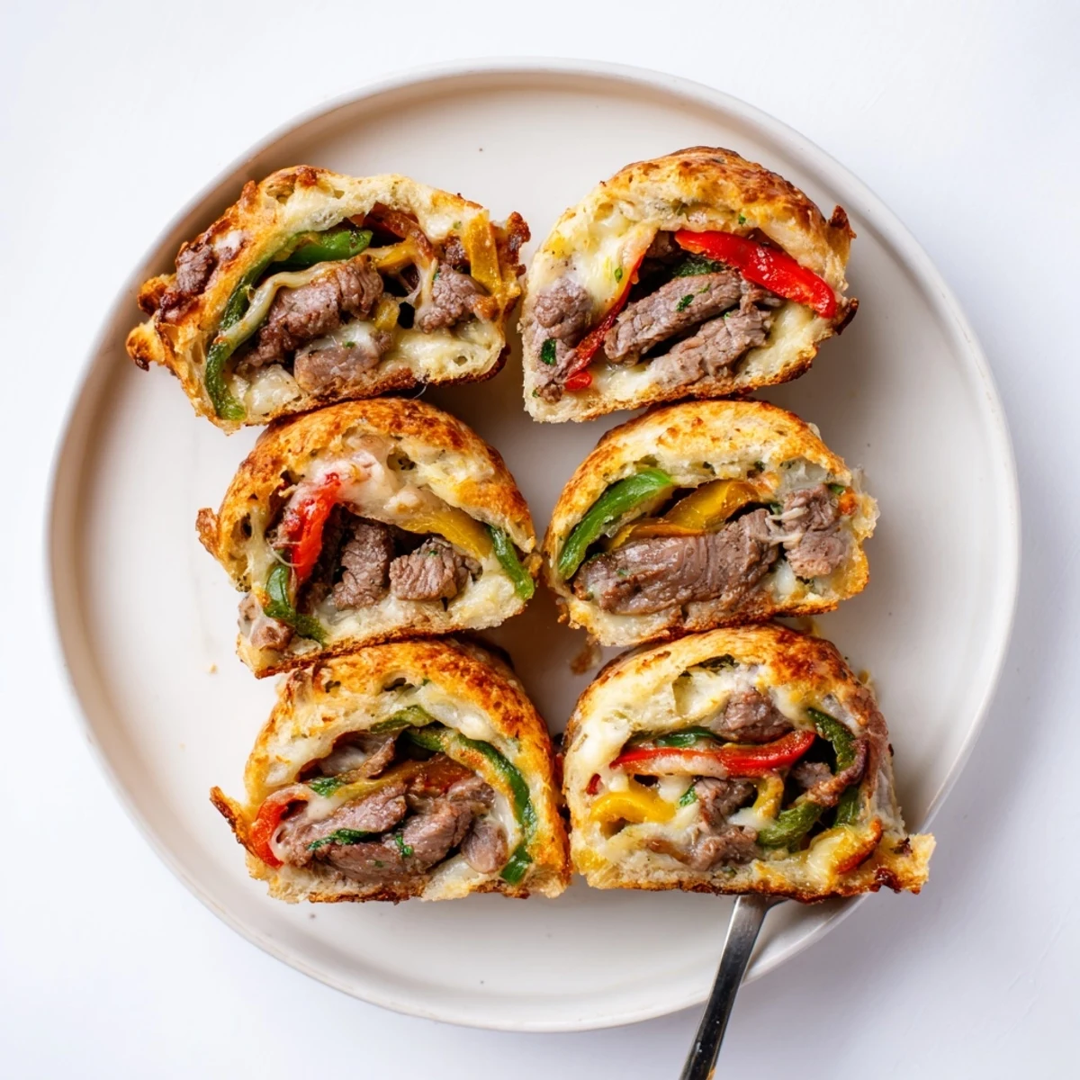 Golden-baked Ultimate Keto Philly Cheesesteak Rolls sit on a wooden board, filled with melted provolone, steak, and peppers.