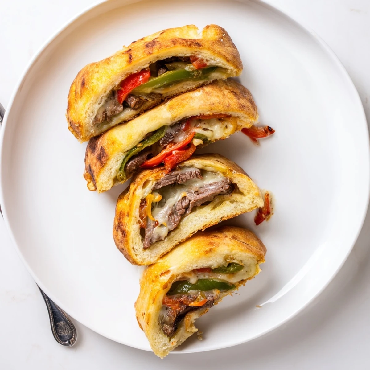 Sliced Ultimate Keto Philly Cheesesteak Rolls arranged on a white plate, ready to serve with a fresh side salad.