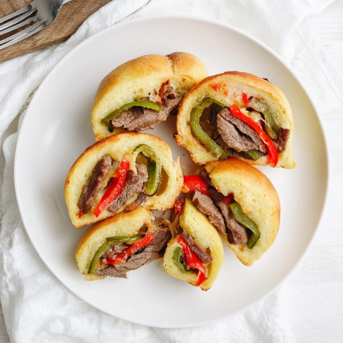 Close-up of Ultimate Keto Philly Cheesesteak Rolls, revealing juicy steak and sautéed peppers inside a cheesy, low-carb dough.