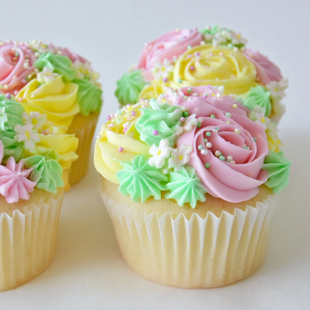 Twelve delicate Baby In Bloom Cupcakes with pastel buttercream swirls, ready for a spring baby shower.