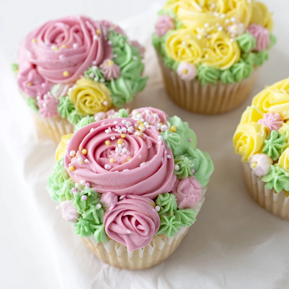 Pastel-tinted Baby In Bloom Cupcakes garnished with green leafy piping, perfect for a baby shower dessert table.