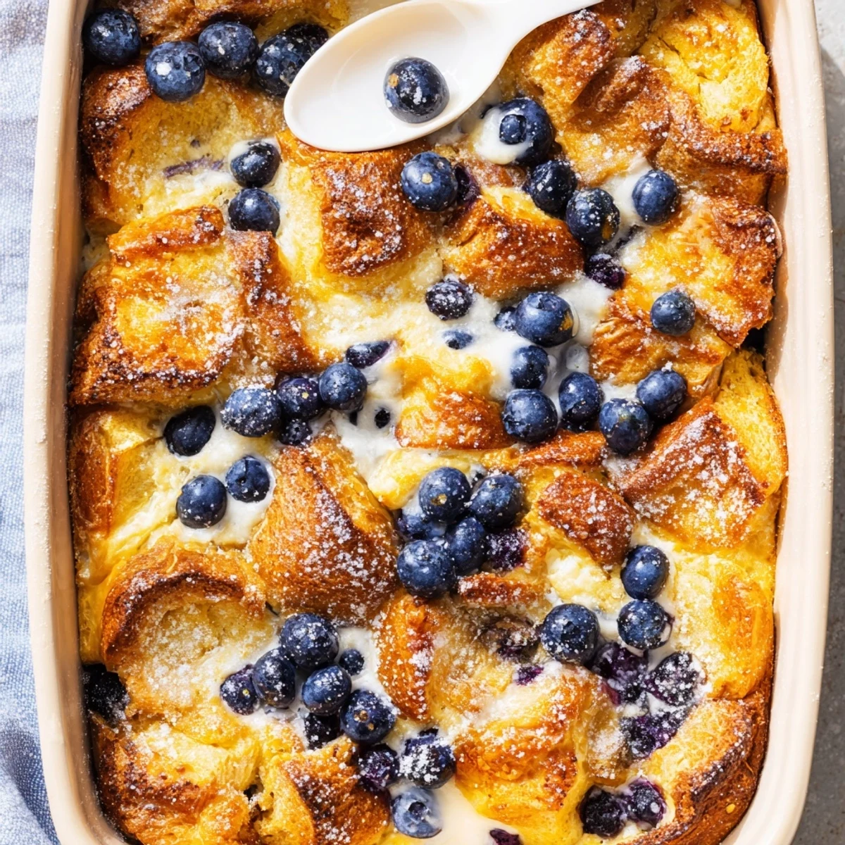A slice of Blueberry Cream Cheese Croissant Casserole shows golden baked croissants, creamy filling, and plump blueberries on a white plate. 