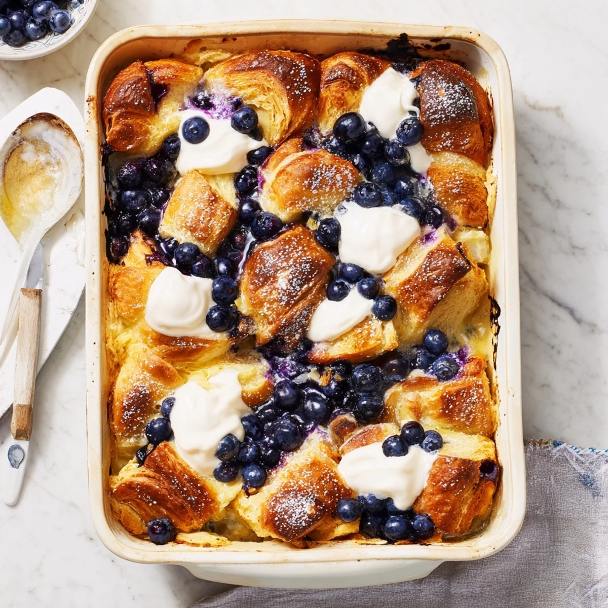 Close-up of a spoon scooping into warm Blueberry Cream Cheese Croissant Casserole, revealing creamy custard and sweet fruit filling.