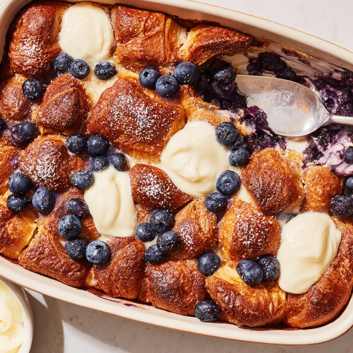 In this Blueberry Cream Cheese Croissant Casserole, buttery layers and baked blueberries shine on a marble table with morning light. 
