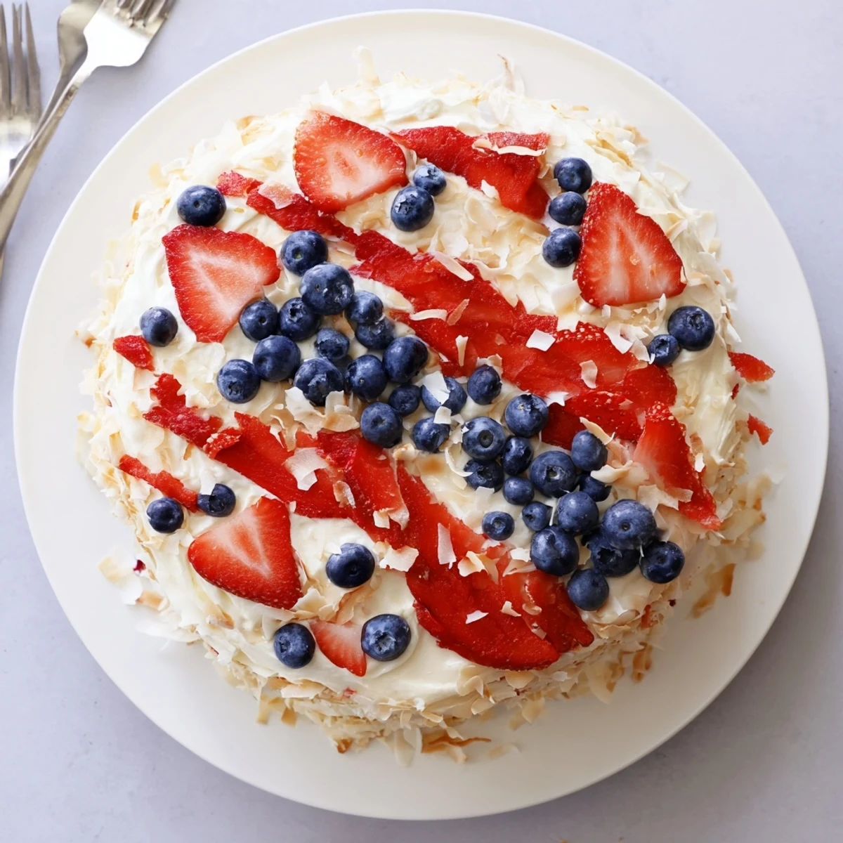 Moist layer cake showcasing pineapple coconut flavors topped with cream cheese frosting and fresh berries.