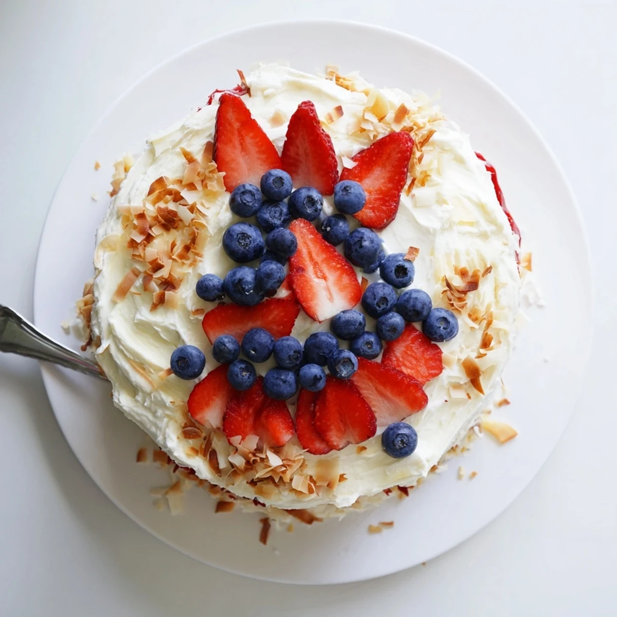 Golden cake layers with cream cheese frosting and patriotic berry swirls on a white plate.
