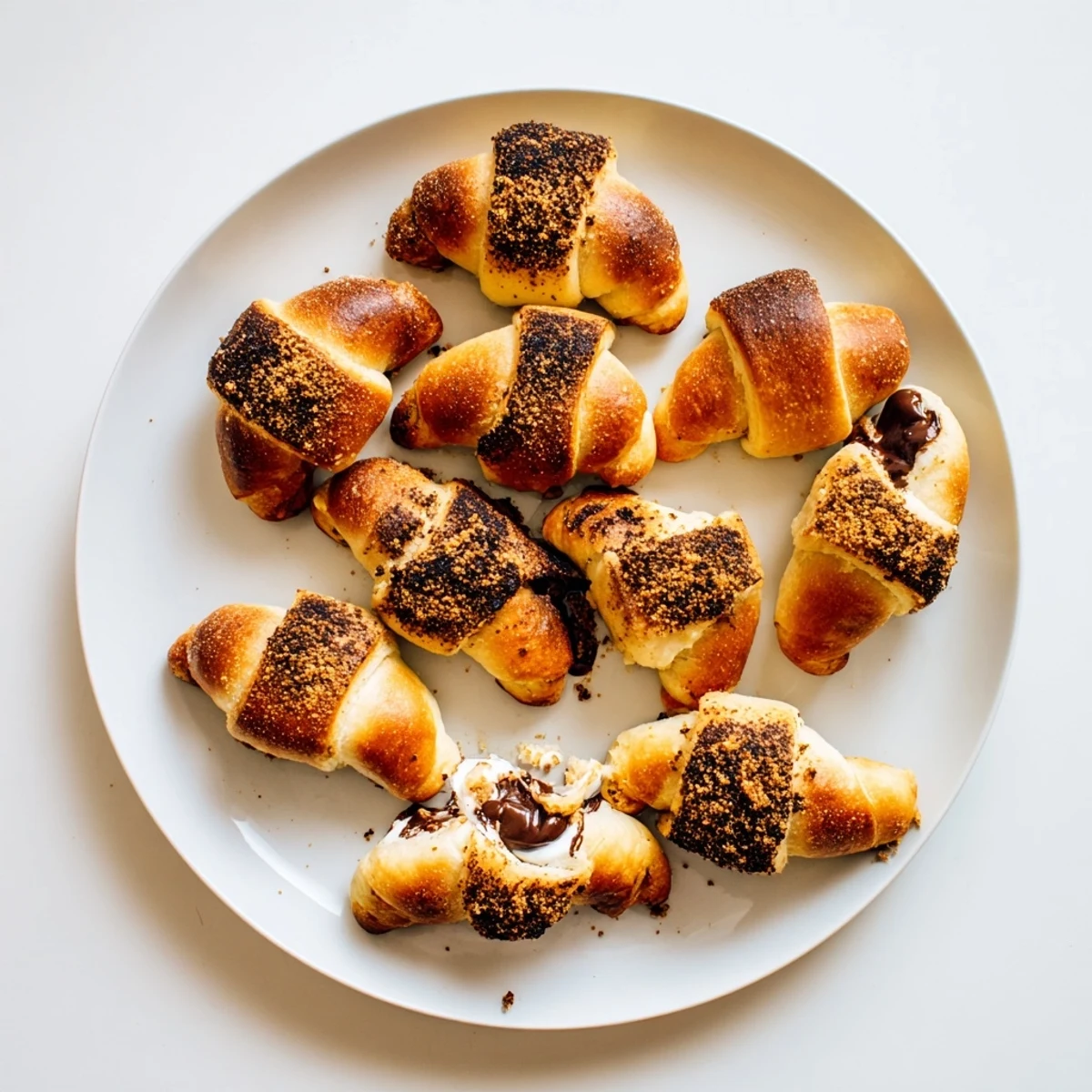 Golden-brown Smores Crescent Rolls fresh from the oven, showing melted chocolate and a gooey marshmallow peeking out.