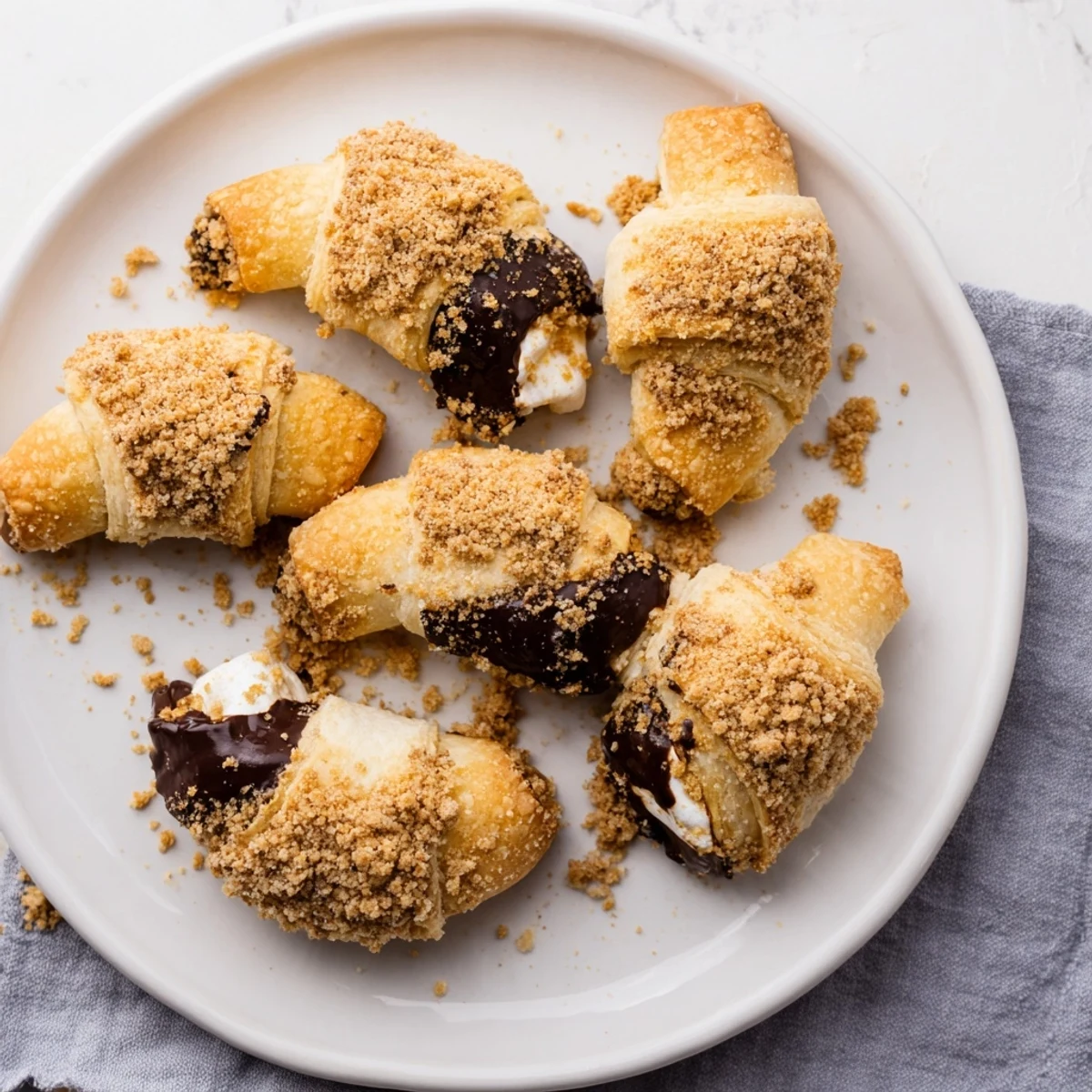 A close-up of Smores Crescent Rolls on a rustic plate, with graham cracker crumbs sprinkled on top.