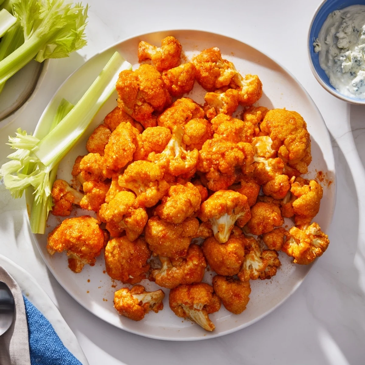 Golden, crispy Air Fryer Buffalo Cauliflower florets glistening with tangy red sauce, served with celery sticks and a creamy dip.