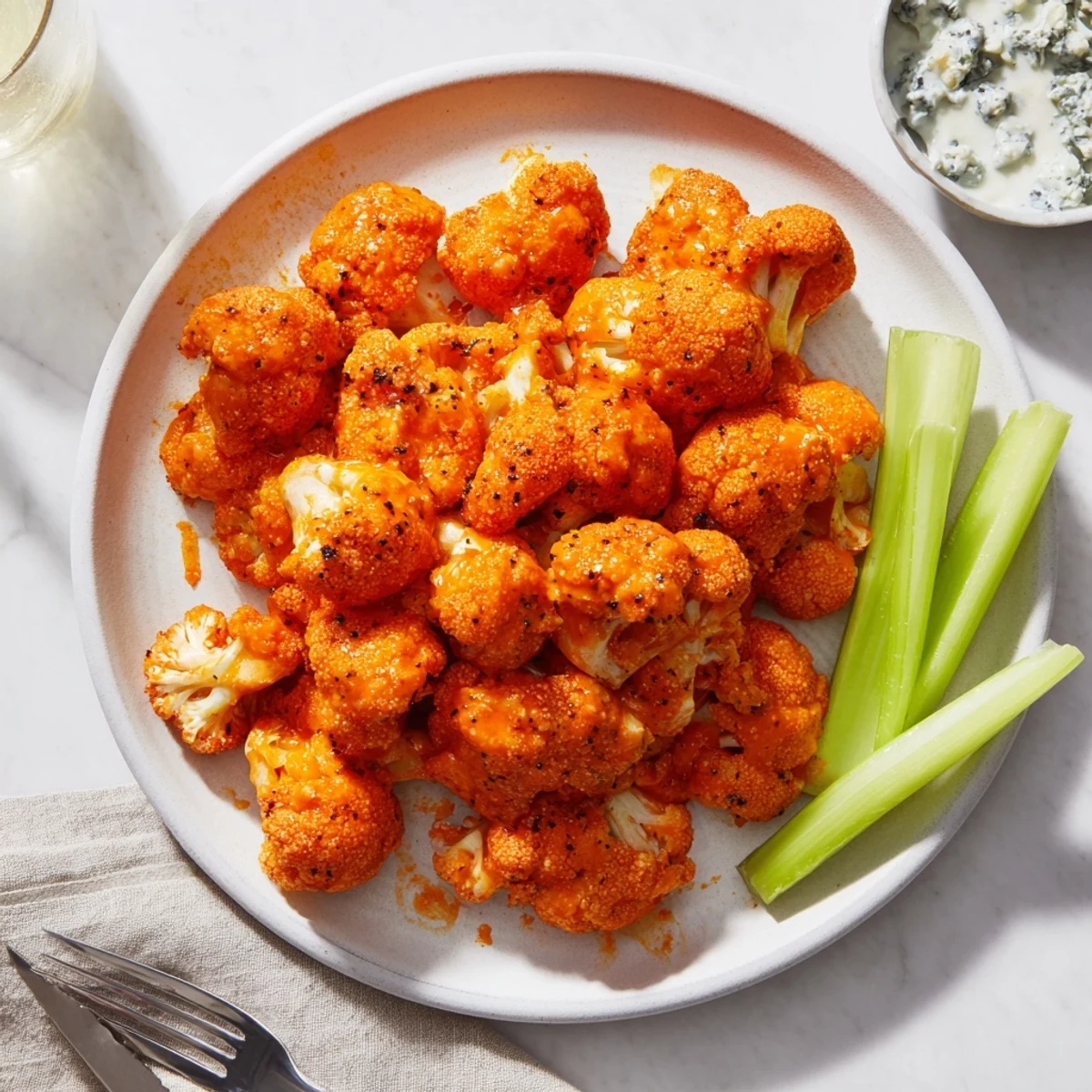 Air Fryer Buffalo Cauliflower bites arranged on a platter with cool ranch dressing and fresh celery for a spicy snack.