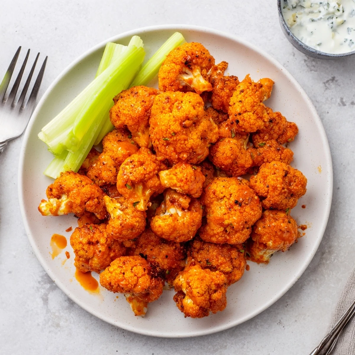 Close-up of Air Fryer Buffalo Cauliflower with crunchy texture, spicy buffalo glaze, and a side of blue cheese dipping sauce.
