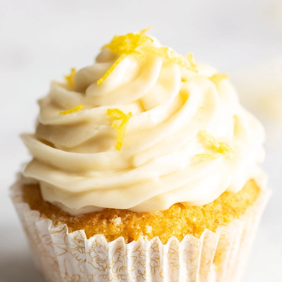 The Limoncello Cupcakes rest on a marble countertop, showing moist crumb texture and bright yellow frosting swirls ready to serve.