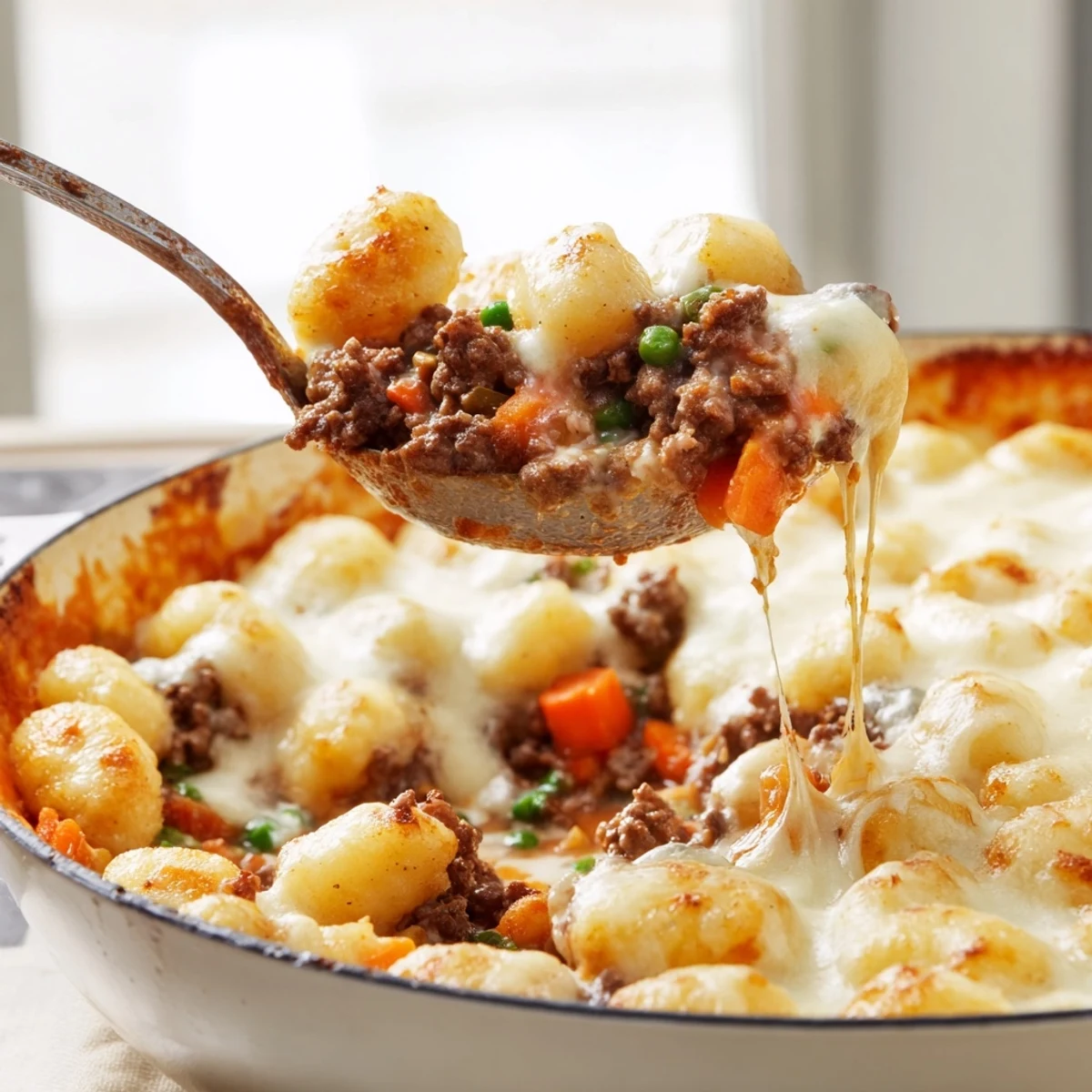 Golden, bubbly cheese tops the Quick Gnocchi Shepherds Pie served in a skillet, ready to enjoy.