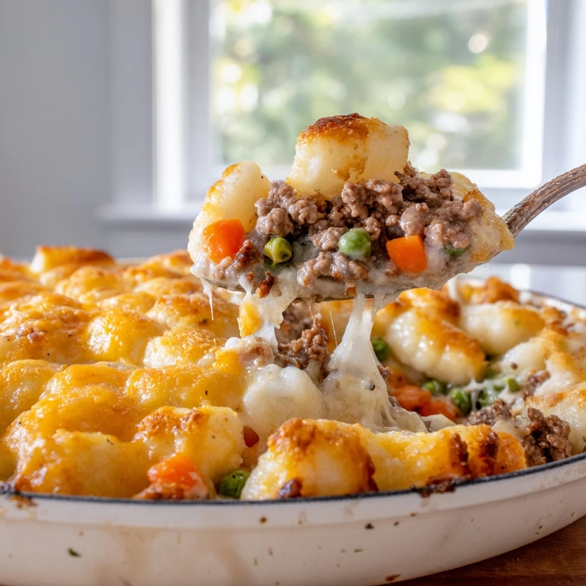 A close-up of Quick Gnocchi Shepherds Pie reveals pillowy gnocchi and rich beef filling.