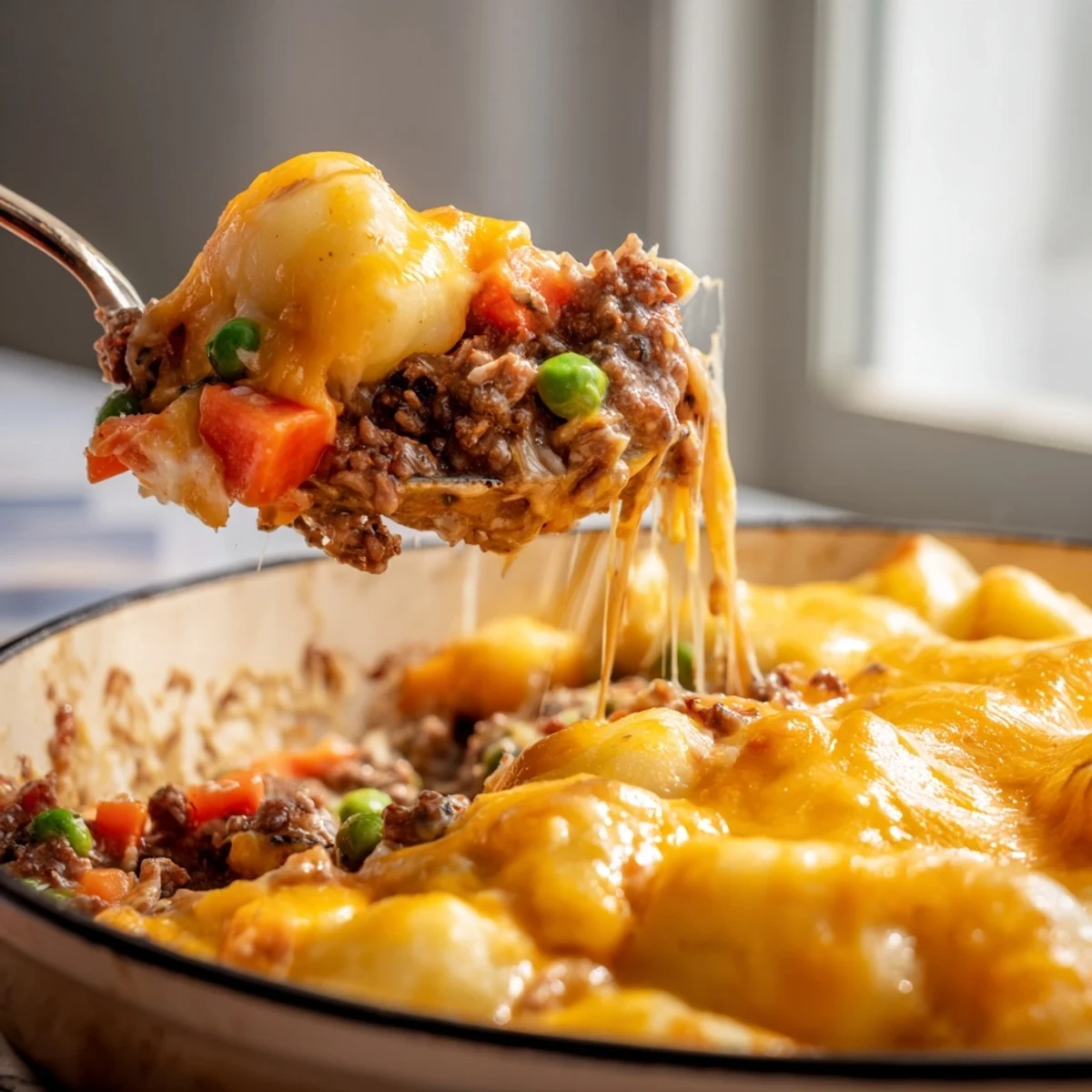 Fork ready, the Quick Gnocchi Shepherds Pie is garnished with fresh herbs on a rustic table.