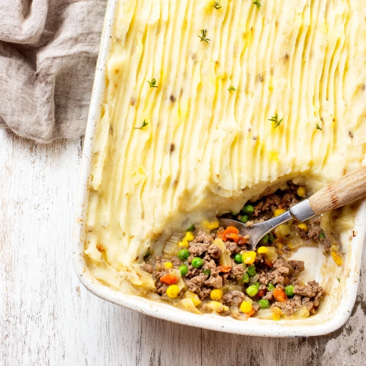 Golden-brown Easy Shepherds Pie with creamy mashed potato ridges and bubbling beef filling in a rustic baking dish.