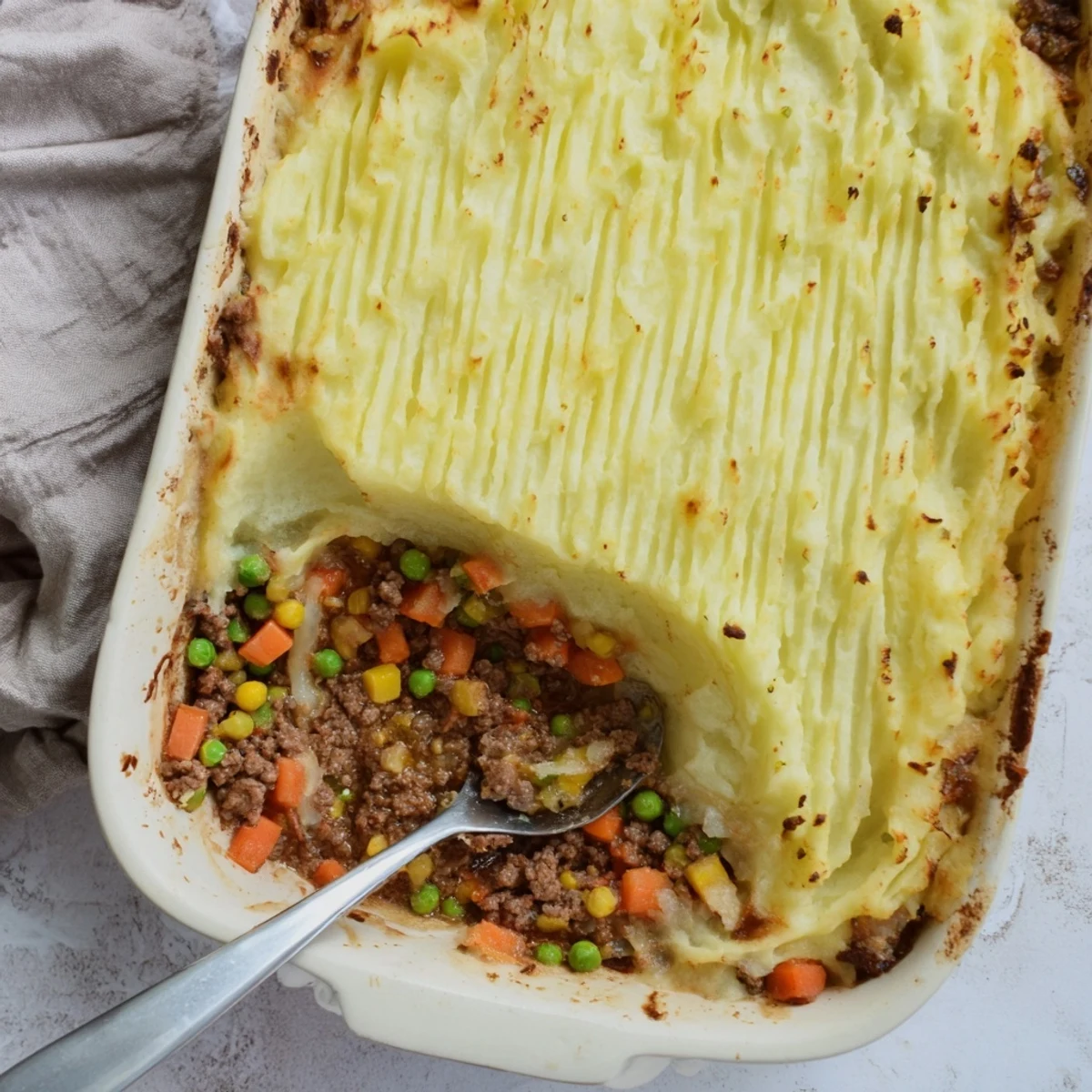 Close-up of Easy Shepherds Pie showing savory ground beef and peas beneath fluffy mashed potatoes, ready to serve.