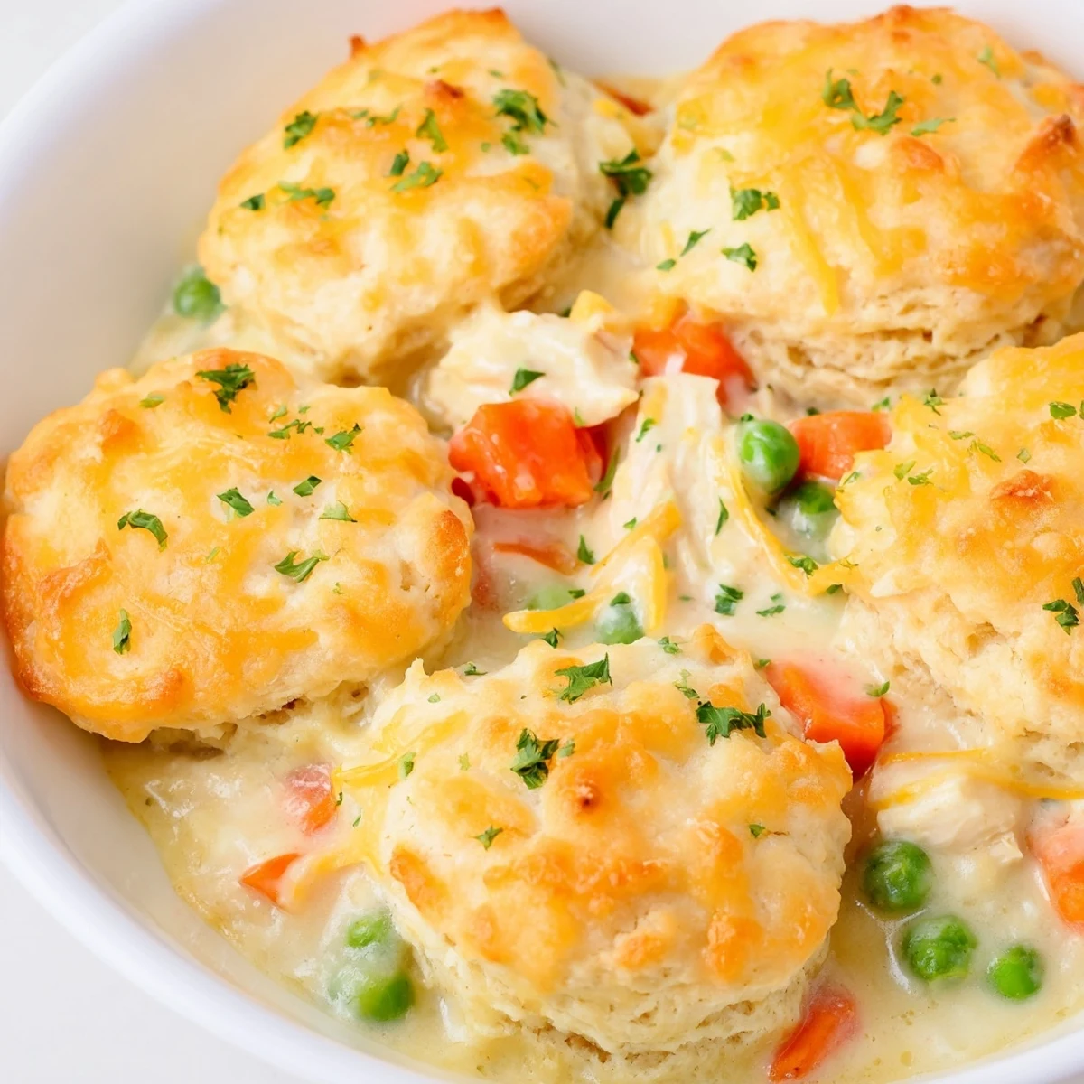 Close-up of Red Lobster Biscuit Chicken Pot Pie showing buttery biscuit topping brushed with garlic parsley butter.