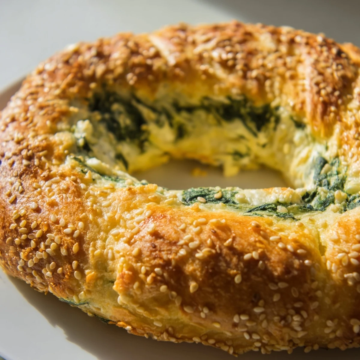 Freshly baked Spinach Cottage Cheese Flagels sit on a wire rack, their golden crust speckled with poppy seeds and hints of green. 