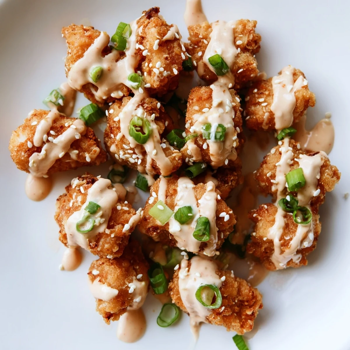 Golden-brown crispy chicken pieces coated in creamy, spicy bang bang sauce, garnished with fresh scallions and sesame seeds.
