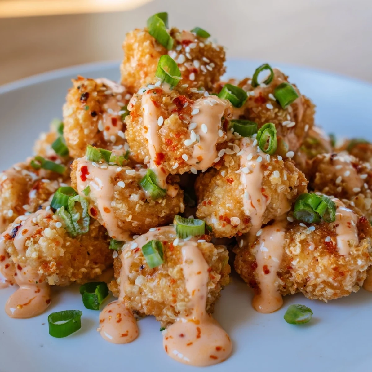 Juicy chicken bites tossed in tangy bang bang sauce with a sprinkle of sesame seeds, paired with lettuce cups for serving.