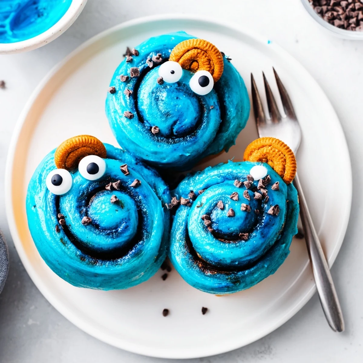Freshly baked blue Cookie Monster Cinnamon Rolls with gooey chocolate chips and cream cheese frosting.