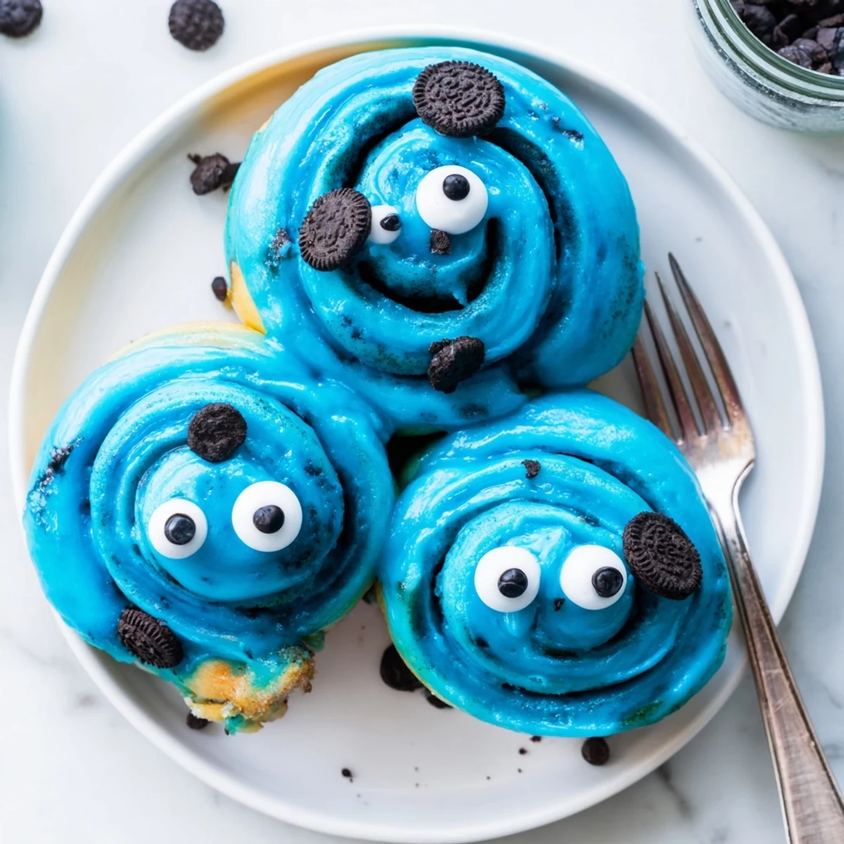 Warm blue Cookie Monster Cinnamon Rolls topped with cookie eyes and vanilla frosting.