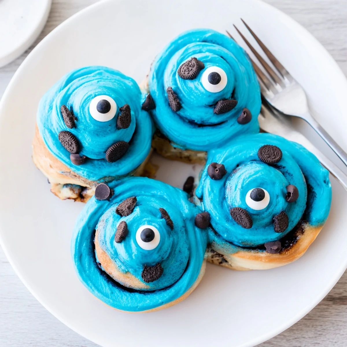 Glazed blue Cookie Monster Cinnamon Rolls on a plate, ready for breakfast or dessert.