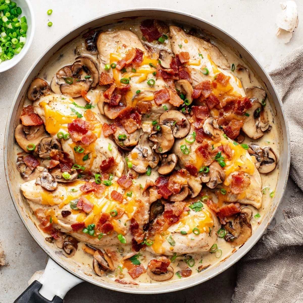 Golden seared chicken breasts in creamy mushroom bacon sauce topped with melted cheese and green onions.