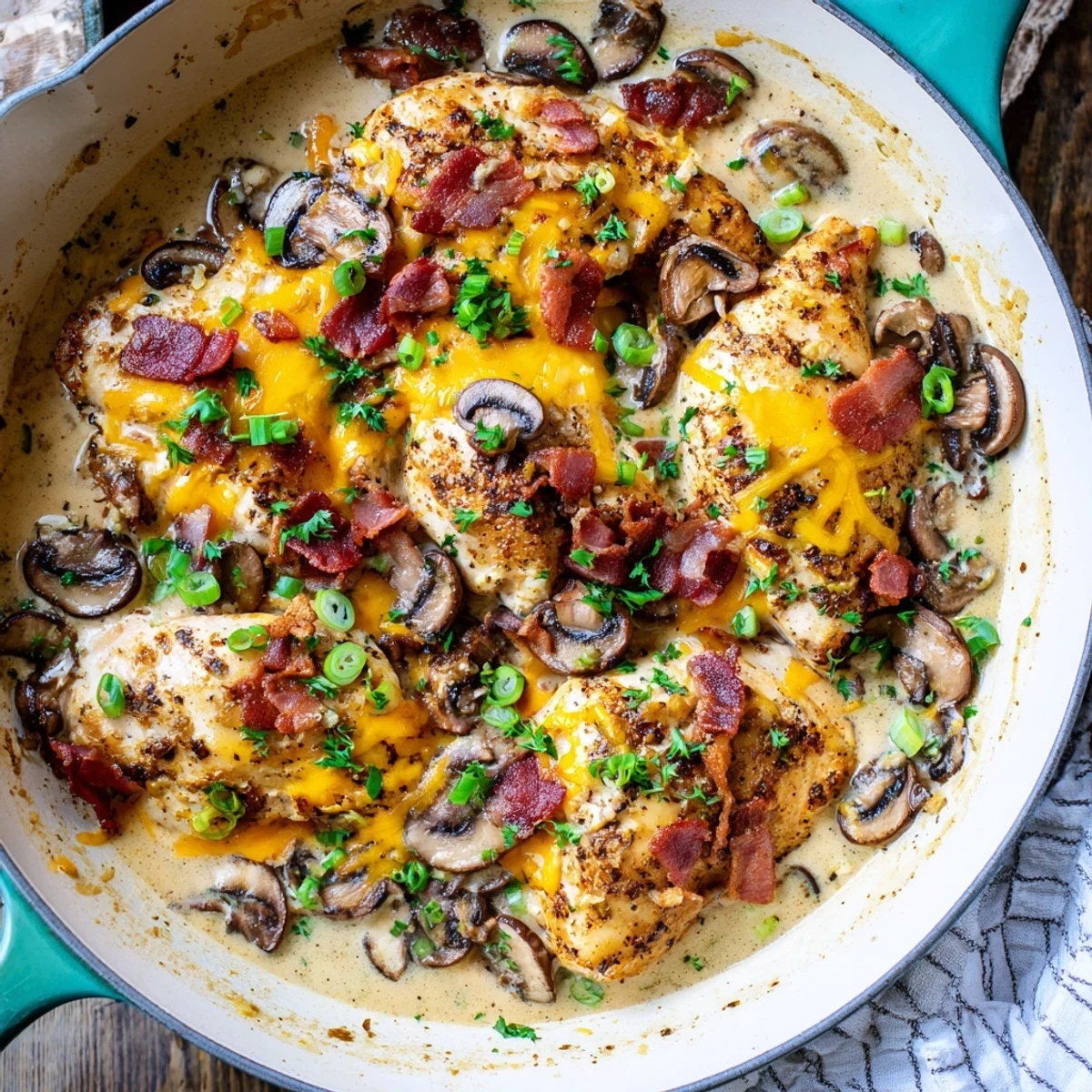 Comforting skillet dinner featuring tender chicken coated in rich sauce with bacon and cheddar.