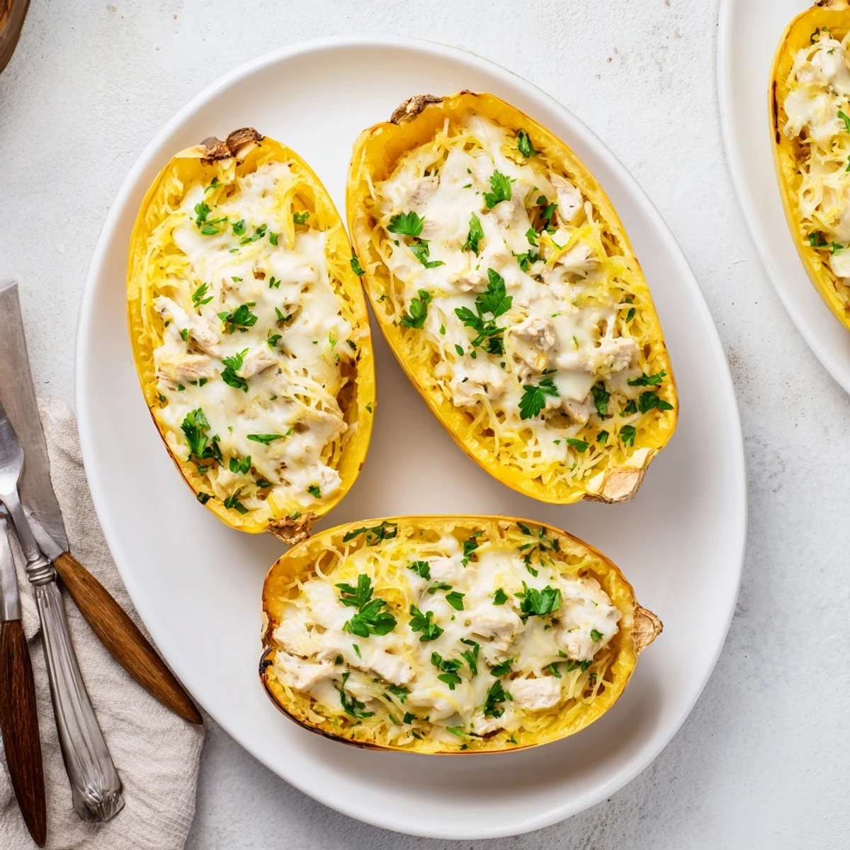 Golden-brown roasted spaghetti squash boats filled with creamy Alfredo chicken and melted cheese, served hot.