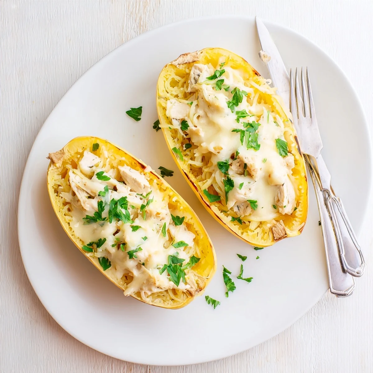 Tender spaghetti squash boats with juicy chicken Alfredo, garnished with fresh parsley and a side salad.