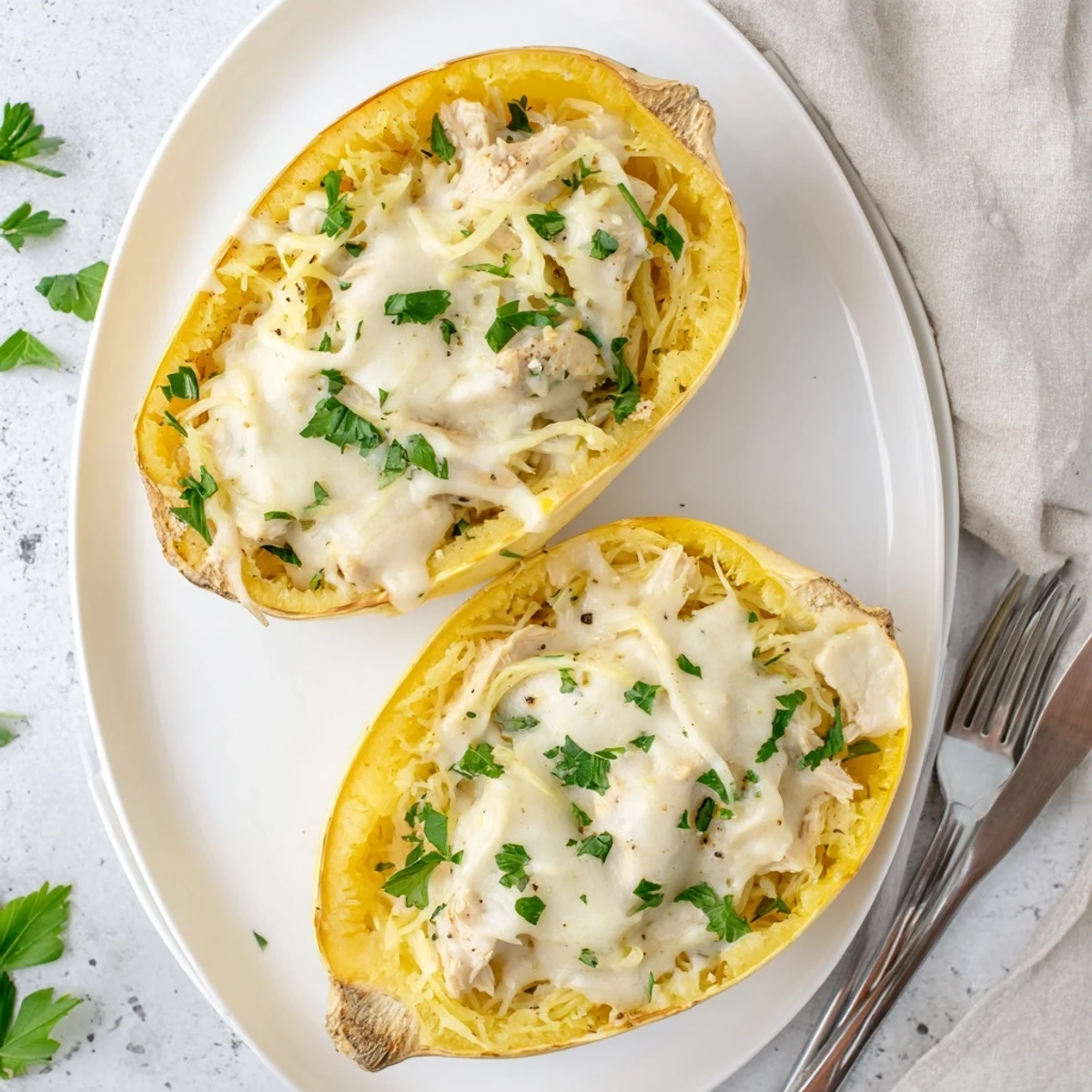Melted mozzarella topping on stuffed spaghetti squash boats, revealing savory Alfredo chicken inside.