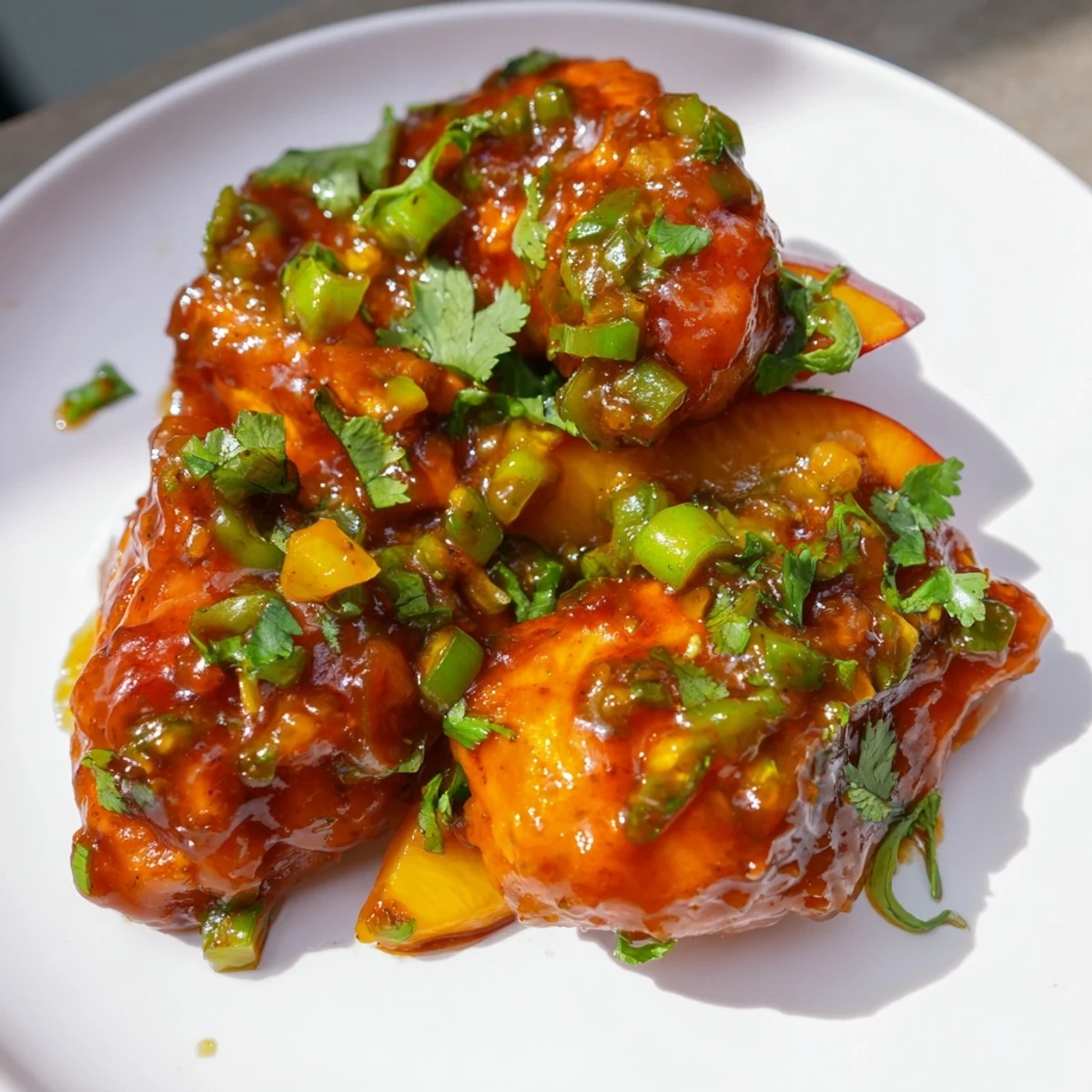 Tender golden-brown chicken is coated in a sweet and spicy jalapeño peach glaze, served on a rustic plate.