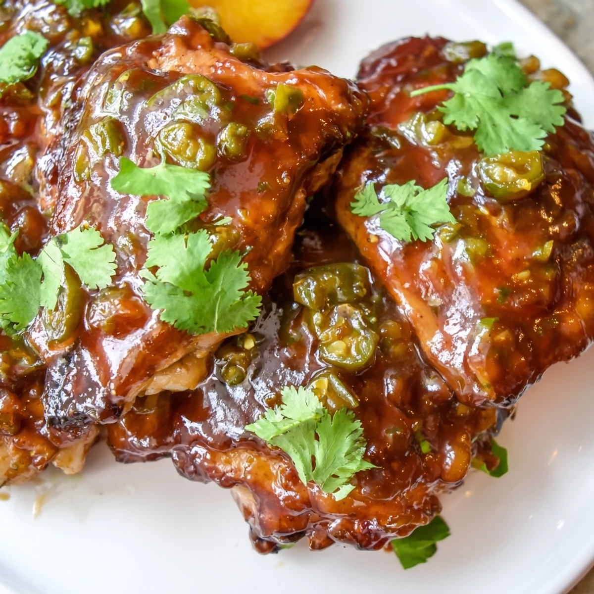 Juicy Jalapeño Peach Glazed Chicken breasts rest in a sticky, glossy orange sauce with fresh cilantro garnish.