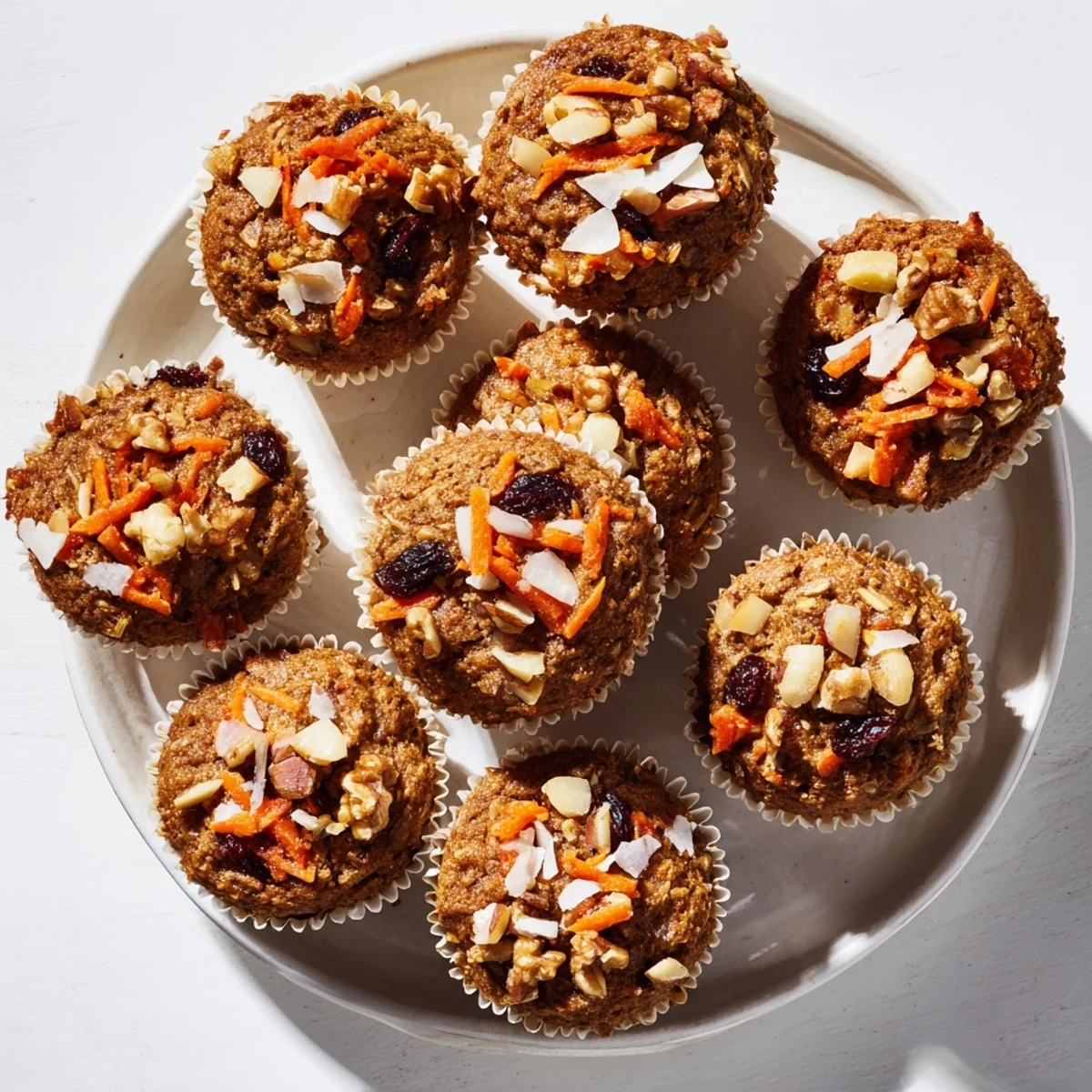 Freshly baked Morning Glory Muffins with grated carrots and apples peeks from a lined muffin tin.